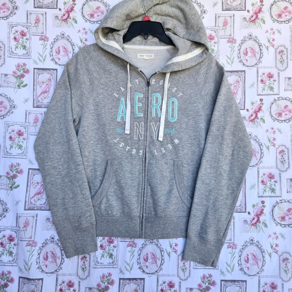 Aeropostale Womens Full Zip Hoodie‎ Gray Teal NY Graphic Sweatshirt Size Large
